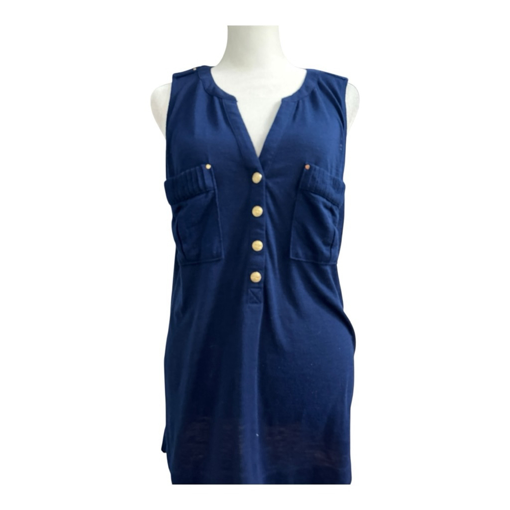 White House Black Market Navy Sleeveless Top Gold Buttons Nautical Medium
